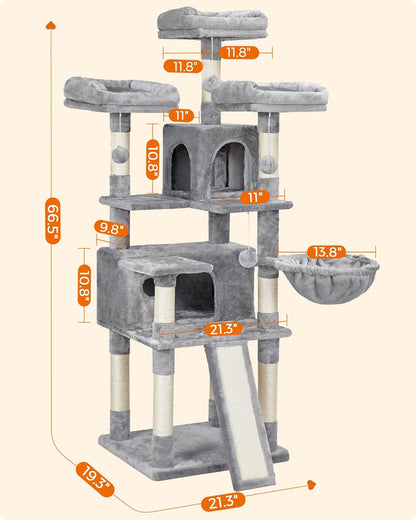 Cat Tree, Large Cat Tower, Cat Condo with Scratching Posts, Board, 2 Caves, 3 Plush Perches, Activity Center, 66.5 Inches, Light Gray UPCT019W01